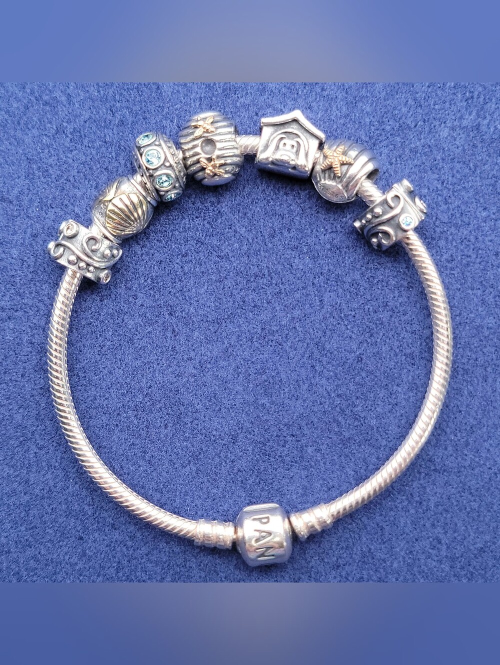 Pandora Moments Snake Chain Charm Bracelet Size 6.5 Beehive Sea Shell Starfish
